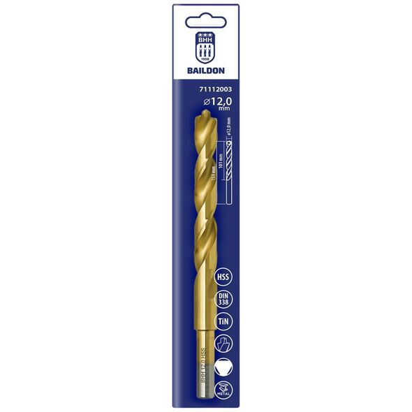 Wiertło do metalu Baildon DIN 338 RN 12 mm, HSS TiN (S), 151-101 mm (chwyt 3-płaszczyznowy)