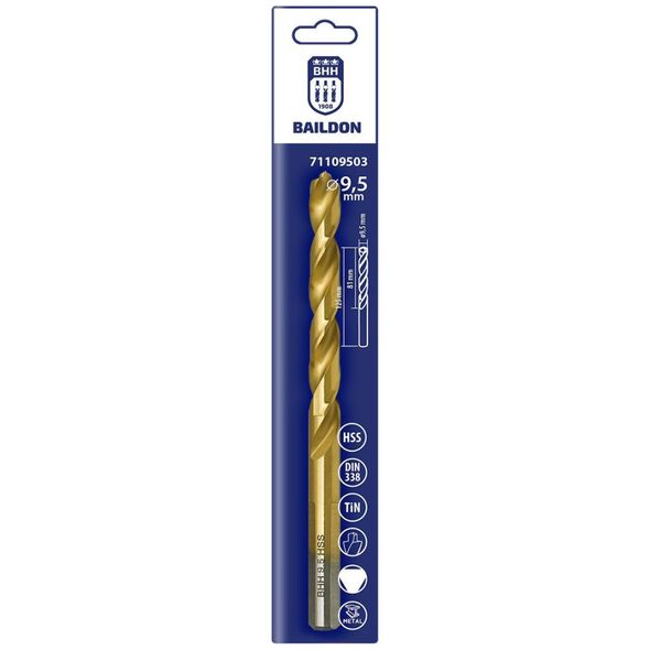 Wiertło do metalu Baildon DIN 338 RN 9,5 mm, HSS TiN (S), 125-81 mm (chwyt 3-płaszczyznowy)