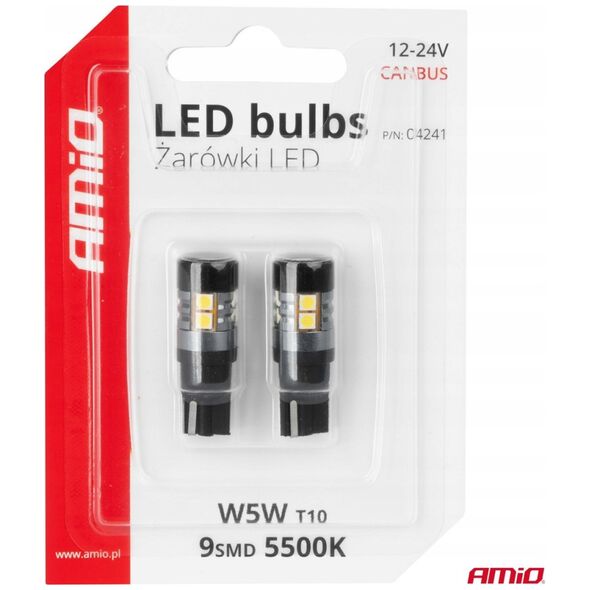 Żarówki led canbus t10 w5w 9 smd 3030 white 12v 24v amio-04241