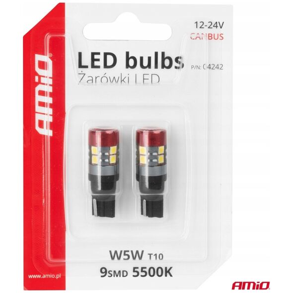 Żarówki led canbus t10 w5w 9 smd 3030 white 12v 24v amio-04242