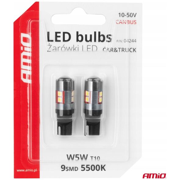 Żarówki led canbus t10 w5w 9 smd 3030 white 12v 24v 36v 48v amio-04244