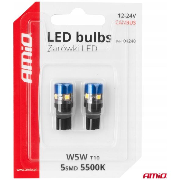 Żarówki led canbus t10 w5w 5smd 3030 white 12v 24v amio-04240