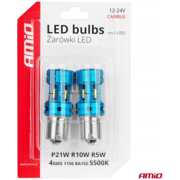 Żarówki led canbus 1156 ba15s p21w r10w r5w 4smd 1860 white 12v 24v amio-04252