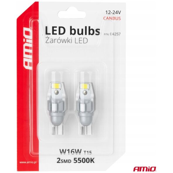 Żarówki led canbus t15 w16w 2smd 3570 white 12v 24v amio-04257