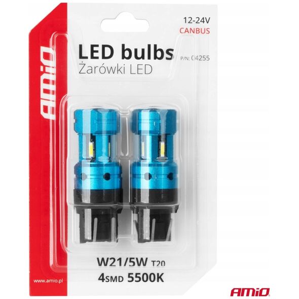 Żarówki led canbus t20 7443 w21/5w 4smd 1860 white 12v 24v amio-04255
