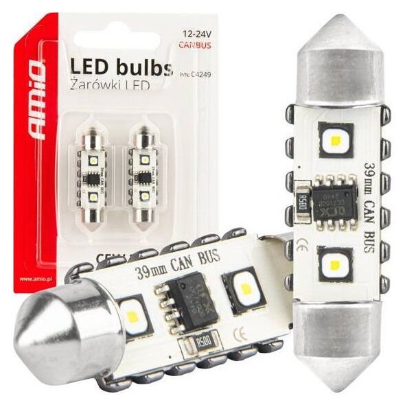 Żarówki LED CANBUS Festoon C5W 2SMD 3838 39mm White 12V 24V AMIO-04249