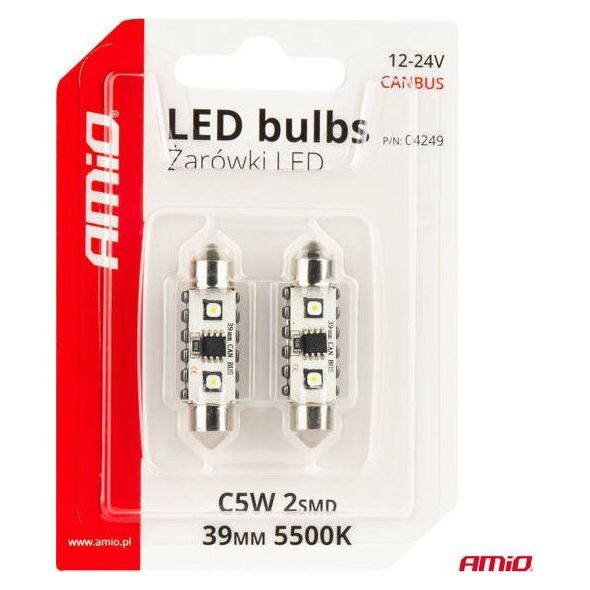 Żarówki LED CANBUS Festoon C5W 2SMD 3838 39mm White 12V 24V AMIO-04249