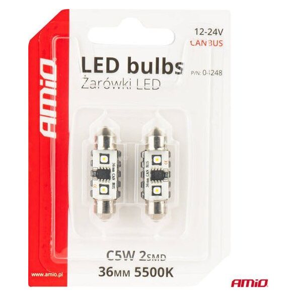 Żarówki LED CANBUS Festoon C5W 2SMD 3838 36mm White 12V 24V AMIO-04248