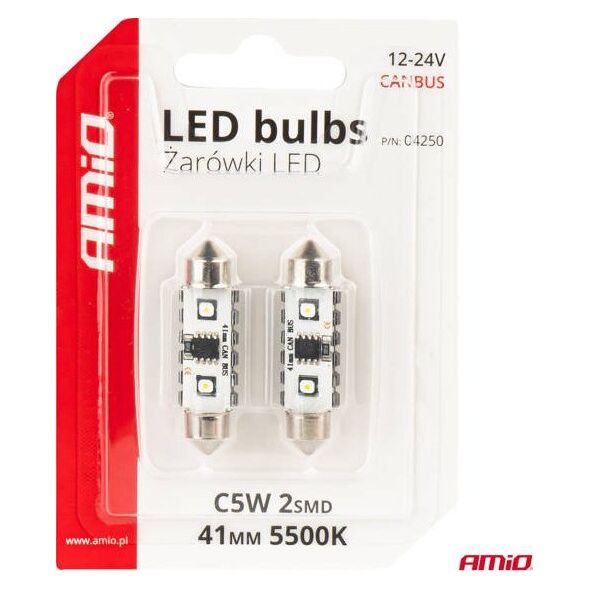 Żarówki LED CANBUS Festoon C5W 2SMD 3838 41mm White 12V 24V AMIO-04250