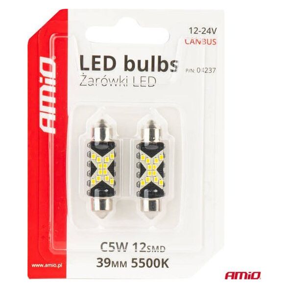 Żarówki LED CANBUS Festoon C5W 12SMD 2016 39mm White 12V 24V AMIO-04237