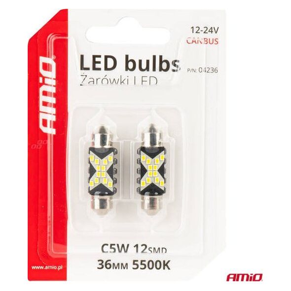 Żarówki LED CANBUS Festoon C5W 12SMD 2016 36mm White 12V 24V AMIO-04236