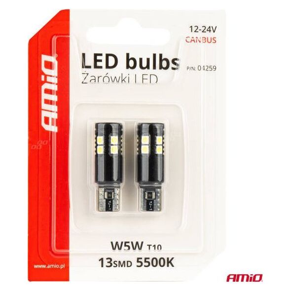 Żarówki LED CANBUS T10 W5W 13SMD 3030 White 12V 24V AMIO-04259