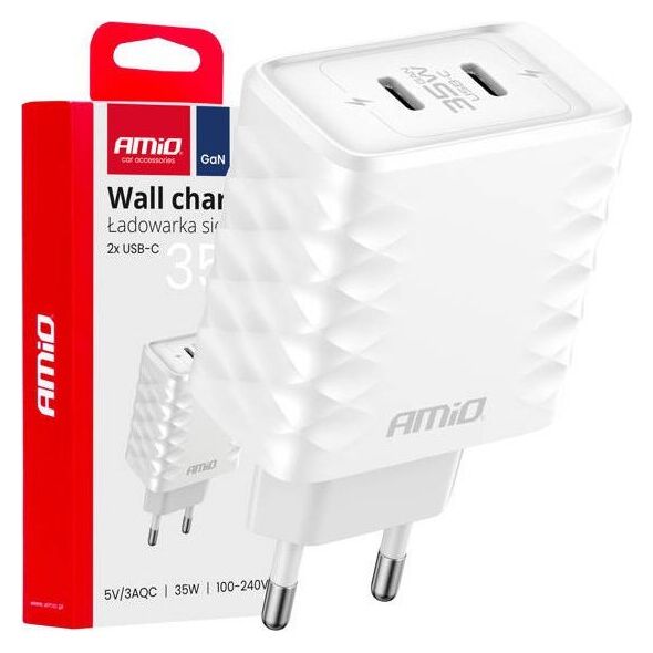 Ładowarka sieciowa Quick Charge 35W 2x USB-C 100-240V AMIO-04288
