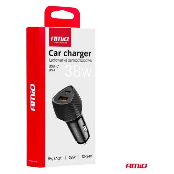 Ładowarka samochodowa QC+PD 38W USB-A + USB-C AMIO-04283