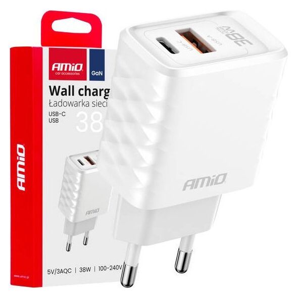 Ładowarka sieciowa Quick Charge GaN 38W USB-A + USB-C AMIO-04287