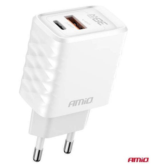 Ładowarka sieciowa Quick Charge GaN 38W USB-A + USB-C AMIO-04287