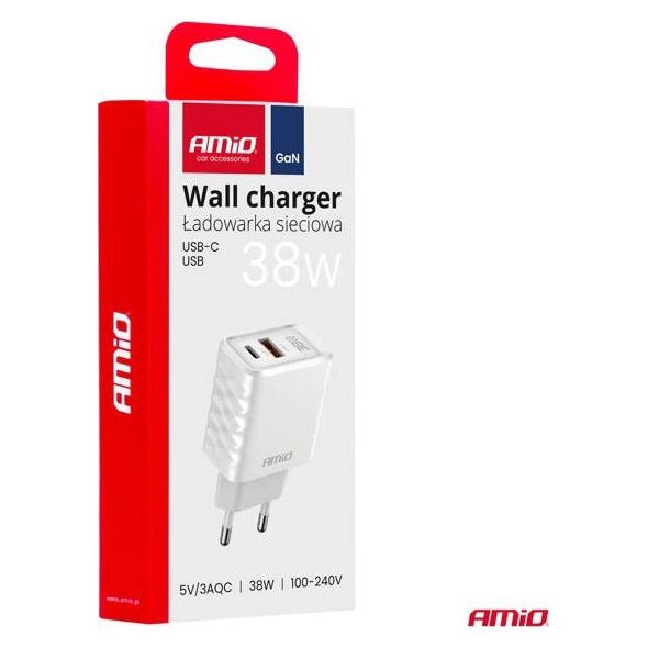 Ładowarka sieciowa Quick Charge GaN 38W USB-A + USB-C AMIO-04287