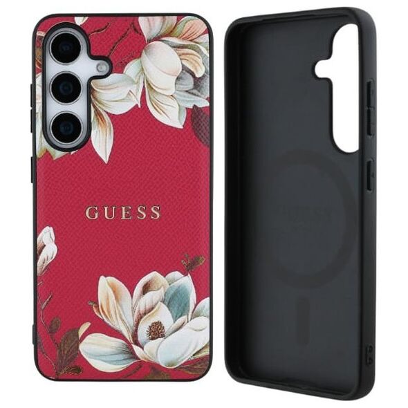 Guess Grained Printed Flower Pattern MagSafe case for Samsung Galaxy S25 fuchsia