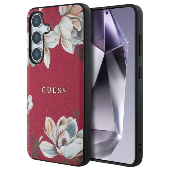 Guess Grained Printed Flower Pattern MagSafe case for Samsung Galaxy S25 fuchsia