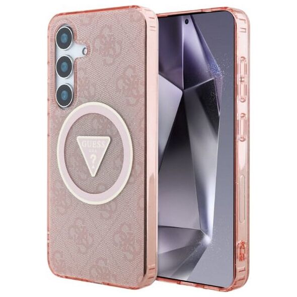 Guess 4G Glitter Triangle Buttons MagSafe Case for Samsung Galaxy S25 Pink