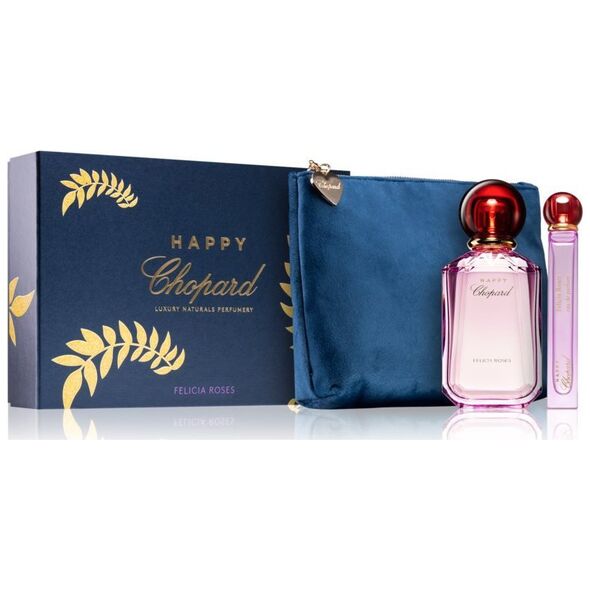 Σετ αρωματοποιίας Chopard Luxury Naturals Chopard: Happy Felicia Roses, Eau De Parfum, για γυναίκες, 100 ml + Happy Felicia Roses, Eau De Parfum, για γυναίκες, 10 ml + Chopard, συνθετικό δέρμα, τσάντα, θήκη παντελονιού, μπλε, για γυναίκες, 2,4 x 9 x 6,2 Γ