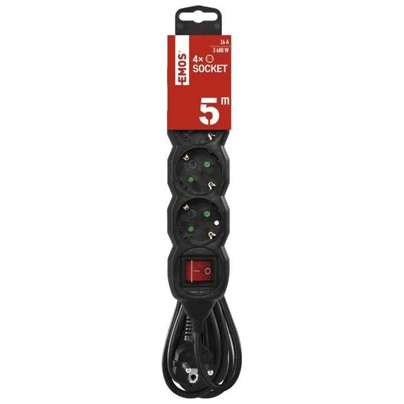 Emos Emos Ilgiklis 4 lizdų 5.0m su įžeminimu, su jungiklius (juodas) 1.5mm²