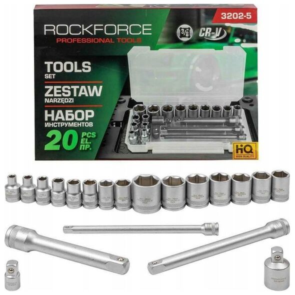 Rockforce Tool Set 3/8" Σετ εργαλείων 20 τεμαχίων με υποδοχές (6-22mm), προσαρμογείς και προεκτάσεις 14404398 5906692107841