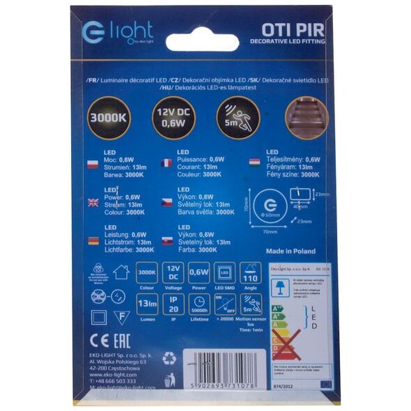 Eko-Light OTI Barwa Ciepła 3000K 12V z czujnikiem ruchu
