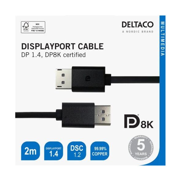 Καλώδιο Deltaco DisplayPort kabelis DELTACO 8K, DP 1.4, 2m, juodas / DP8K-1020-K / R00110015 13412196 7333048051202