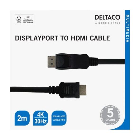 Καλώδιο Deltaco Kabelis DELTACO DisplayPort į HDMI, 4K UHD, 2m, juodas / DP-3020-K / R00110012 13062196 7333048051332