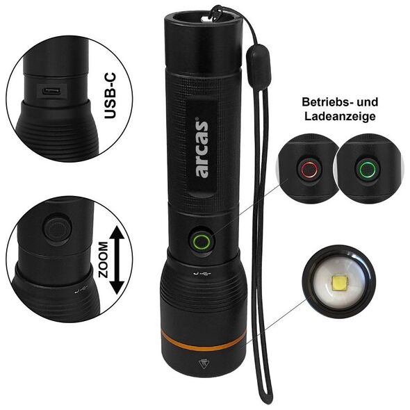 Handheld flashlight, 20W, rechargeable USB-C, black, ARCAS