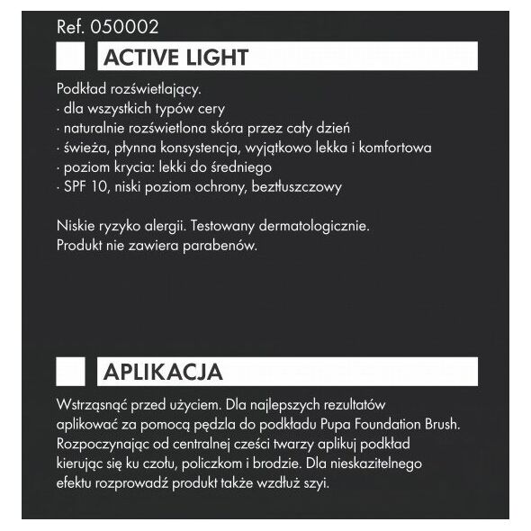 Pupa, Active-Light, Oil Free, Illuminating, Liquid Foundation, 050, Golden Beige, 30 ml For Women