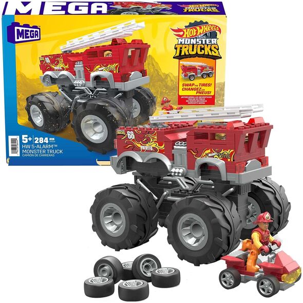 Mattel Hot Wheels Monster Trucks Mega - Pojazd do zbudowania 5-Alarm + łazik ATV Zestaw klocków HHD19