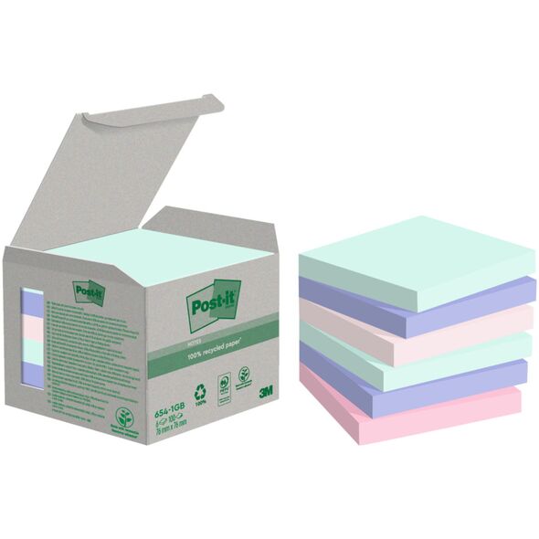 Post-it Post-it Recycled Notes 76mmx76mm 100 sheets/blk 12blk/pak assorterede farver 13956555 4054596926400