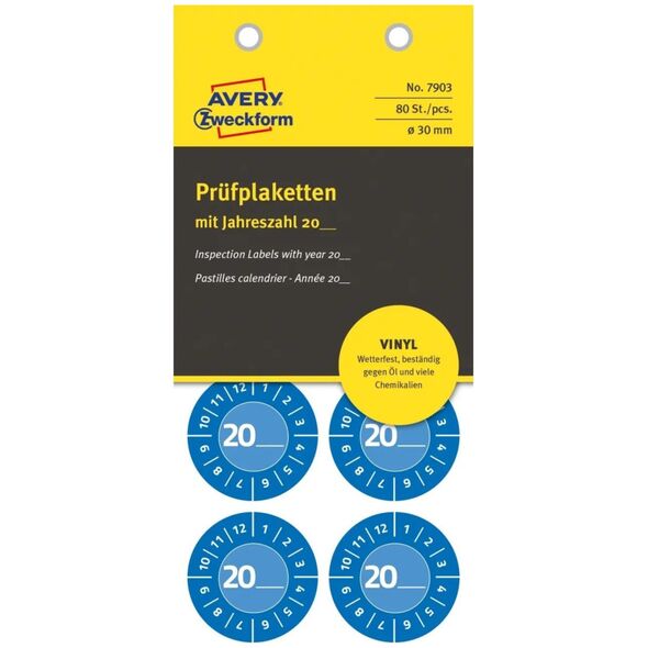 AVERY Blå inspektionsetiket Ø30 mm med årstal 20__ έως selv at udfylde, Vinyl Blå - (10 φύλλα x 8 στ.) 13940413 4004182079034