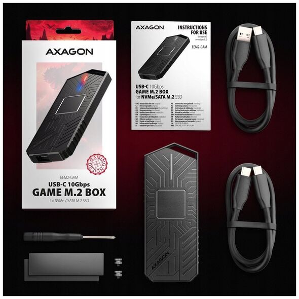 Axagon EEM2-GAM, USB-C 10Gbps - NVMe & SATA SSD GAME M.2 box, bezroubkov Obudowa SSD Czarny
