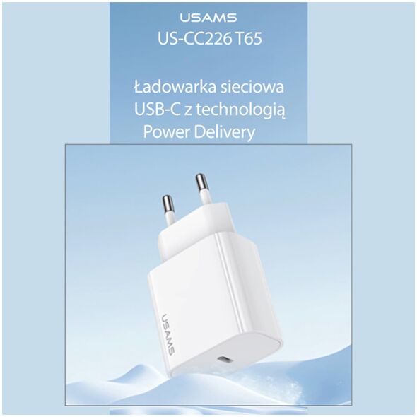 Ładowarka Usams USAMS Ład. siec. 1xUSB-C T65 PD20W (only head) PD Fast Charging biały/white CC226TC01 (US-CC226)