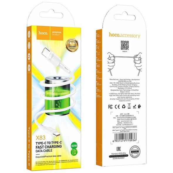 Kabel USB Hoco HOCO kabel Typ C do Typ C PD 3A 60W X83 1 m biały