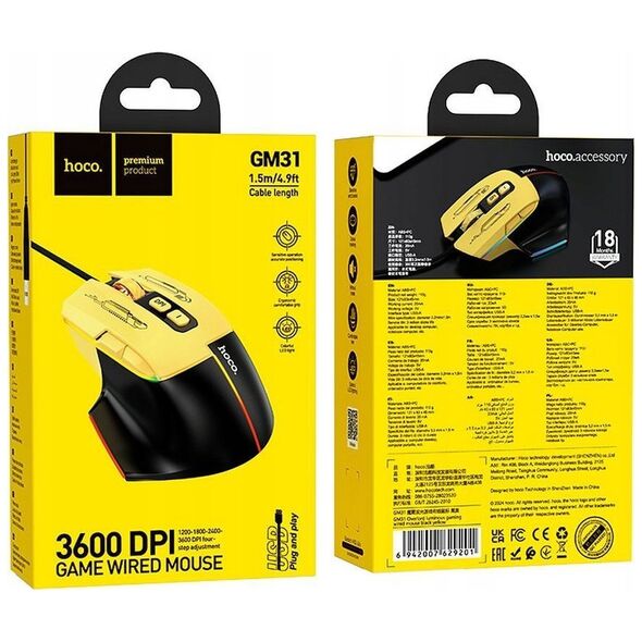 Mysz Hoco HOCO mysz komputerowa gamingowa przewodowa USB A 3600DPI GM31 czarno żółta