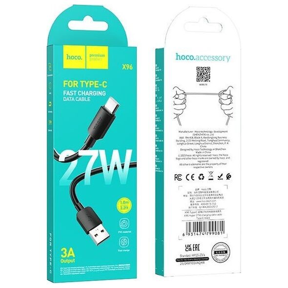 Kabel USB Hoco HOCO kabel USB A do Typ C PD 2,4A 27W X96 1 m czarny