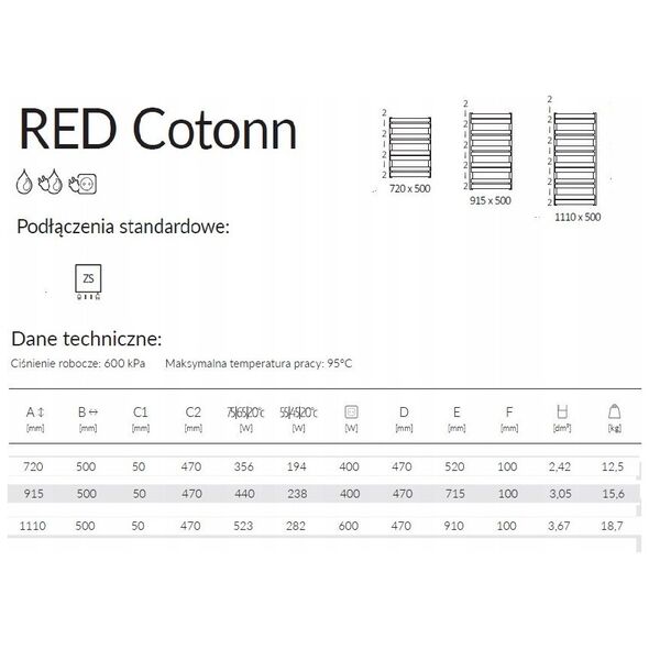 Grzejnik RED COTONN 915/500 \\ RAL 9016, podł. ZS Moc 440W