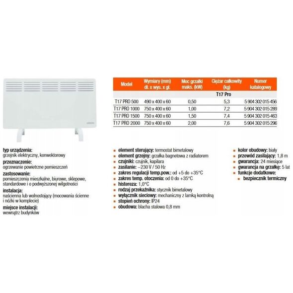 Elektryczny grzejnik konwektorowy T 17 PRO - 500 W IP24Ogrzewanie podłogowe