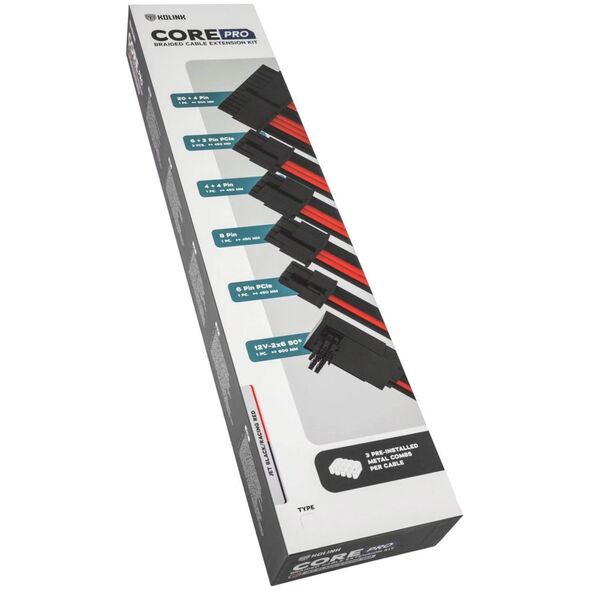 Kolink Kolink Core Pro Braided Cable Extension Kit 12V-2x6 Type 2 - Jet Black/Racing Red 13338811 5999094005723