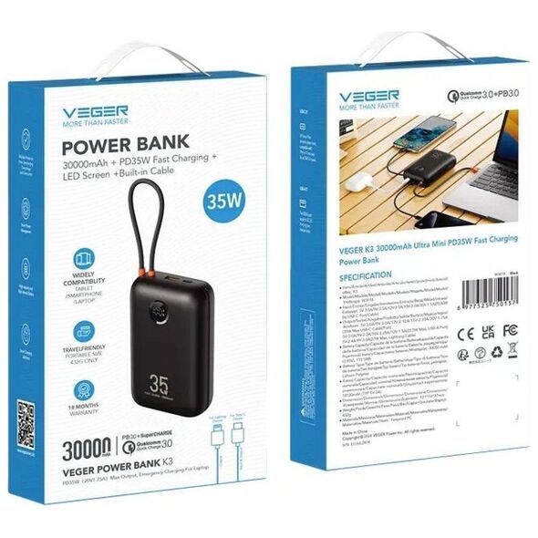 VEGER powerbank 30000 mAh z wbudowanymi kablami Typ C / Lightning PD QC3.0 35W K3 (W3018) czarny