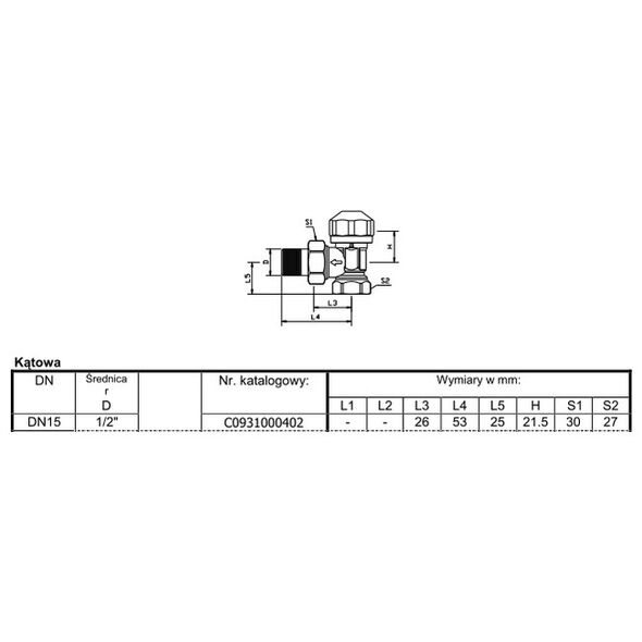 Basic Zawór termostatyczny kątowy 1/2" mosiężny - C093100702