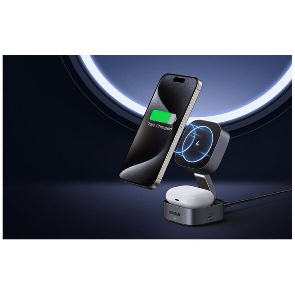 Ładowarka Ugreen Ładowarka indukcyjna Qi 2w1 Ugreen W256 do iPhone, AirPods, 20W (czarna) + kabel USB-C do USB-C 1m