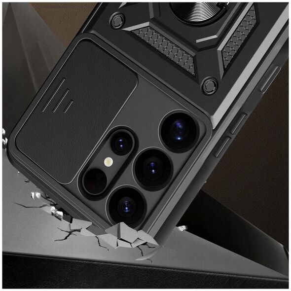 Etui pancerne Hybrid Armor Camshield z osłoną aparatu i metalowym ringiem do Samsung Galaxy S25 Ultra - czarne