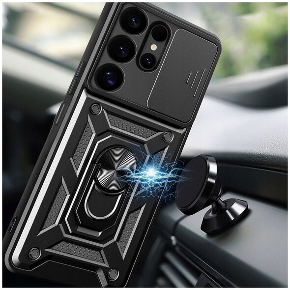 Etui pancerne Hybrid Armor Camshield z osłoną aparatu i metalowym ringiem do Samsung Galaxy S25 Ultra - czarne