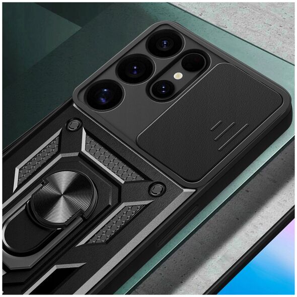 Etui pancerne Hybrid Armor Camshield z osłoną aparatu i metalowym ringiem do Samsung Galaxy S25 Ultra - czarne