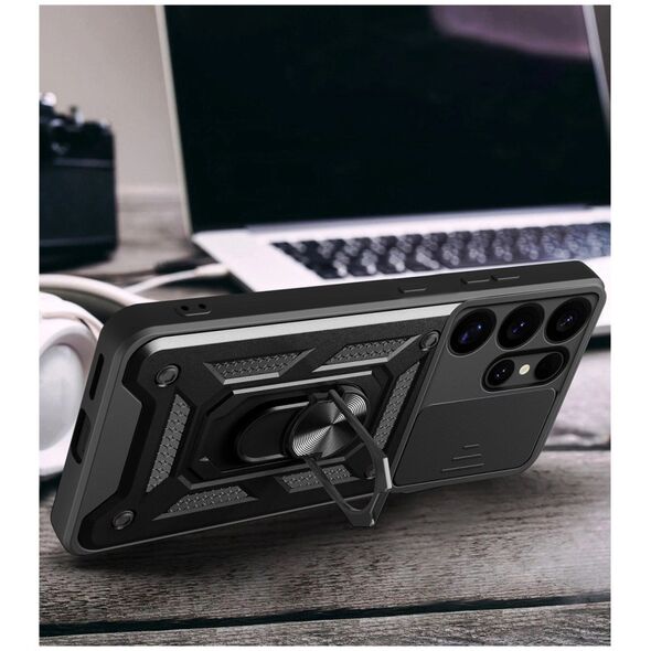 Etui pancerne Hybrid Armor Camshield z osłoną aparatu i metalowym ringiem do Samsung Galaxy S25 Ultra - czarne